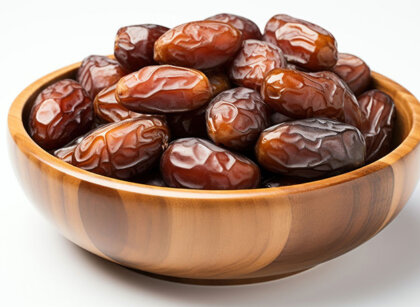 Dates in a wooden bowl on a white background